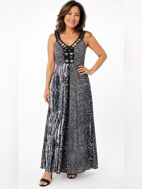 Cato Embellished Animal Print Maxi Dress Size Large Boho Glam